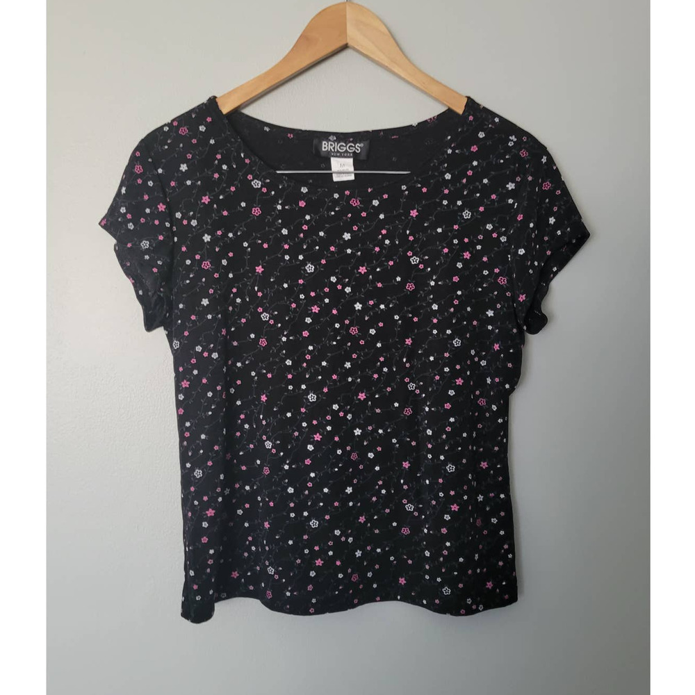 Briggs Womens Black/Pink Floral Cap Sleeve Top M